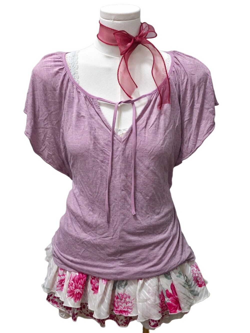 Gap vintage purple / pink flutter sleeve flowy babydoll top with front tie